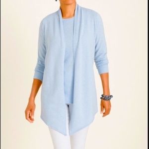 Chico's MIXED FABRIC DRAPED FRONT ISLA BLUE Cardigan Sweater M or L MSRP $99